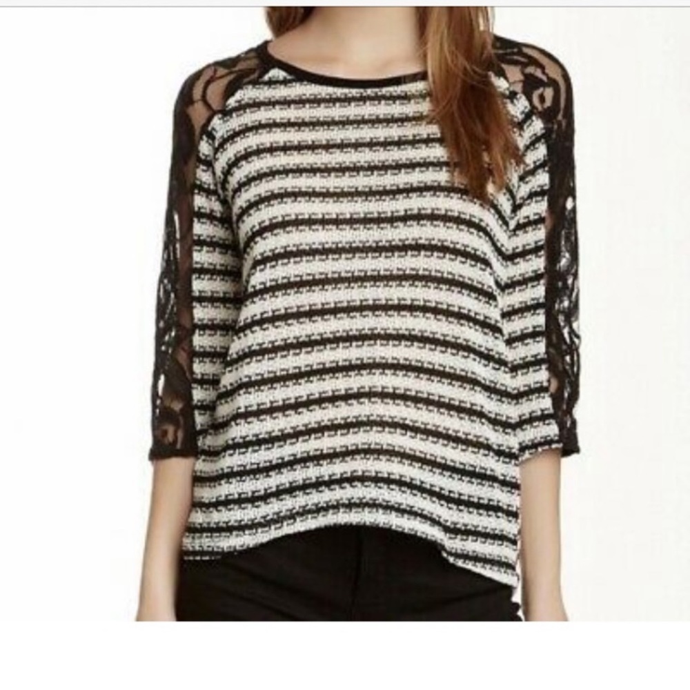Wallpapher Black and White Stripped Top with Lace Sleeves. Size: S